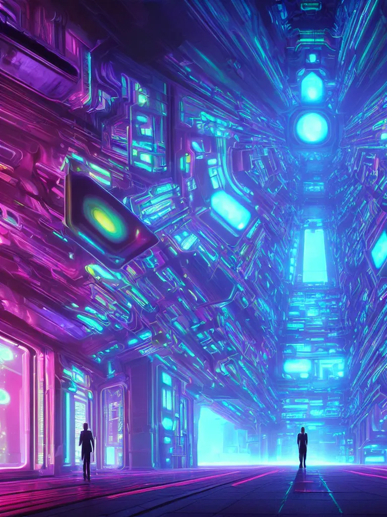 Image similar to entrance to mainframe ethereal realm, ai sentient, rendered in unreal engine, central composition, symmetrical composition, dreamy colorful cyberpunk colors, 6 point perspective, fantasy landscape with anthropomorphic terrain in the styles of igor morski, jim warren and rob gonsalves, intricate, hyperrealistic, volumetric lighting, neon ambiance, distinct horizon