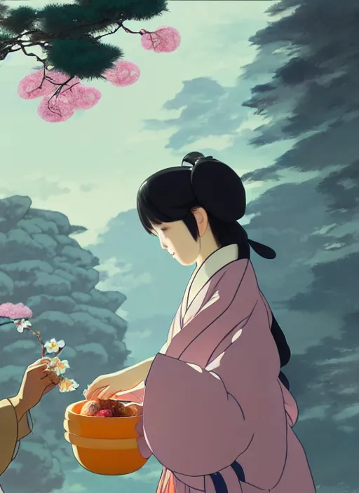 Prompt: painting of a girl wearing a kimono giving a peach to an anthropomorphic asian black bear, featured in artstation, octane render, cinematic, elegant, intricate, 8 k, close up, in the style of studio ghibli and heikala and alphonse mucha,