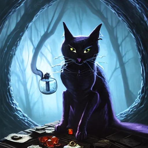 Image similar to Anthropomorphized dark Cat, evil, brewing potion in witch Hut, magic the gathering artwork, horror, D&D, fantasy, cinematic lighting, centered, symmetrical, highly detailed, digital painting, artstation, concept art, smooth, sharp focus, illustration, volumetric lighting, epic Composition, 8k, art by Akihiko Yoshida and Greg Rutkowski and Craig Mullins, oil painting, cgsociety