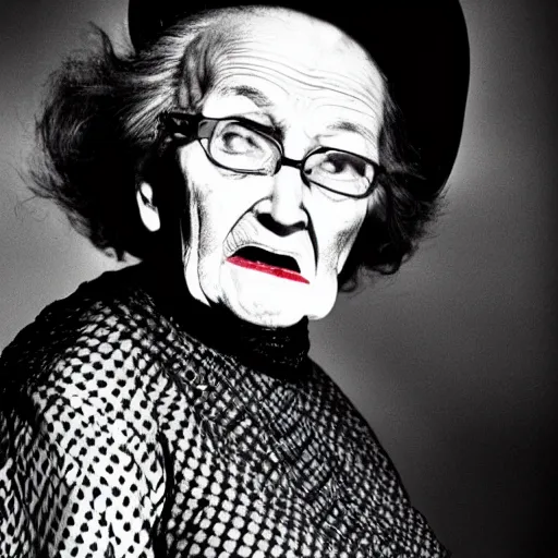 Image similar to old photo of a scary grandma in black dress, horror, hugh quality face, b/w tv