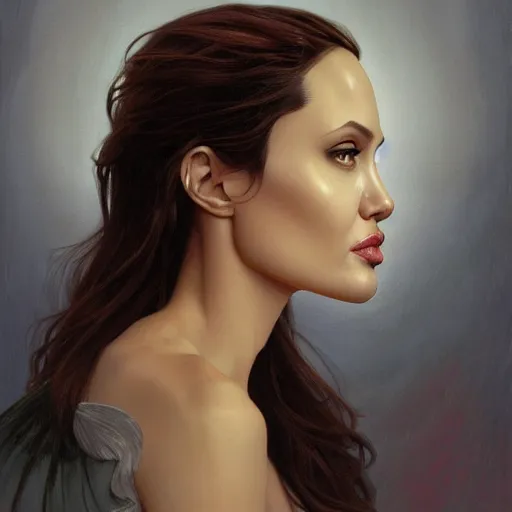 Image similar to Angelina Jolie, highly detailed, digital painting, artstation, concept art, smooth, sharp focus, illustration, ArtStation, art by artgerm and greg rutkowski and alphonse mucha and J. C. Leyendecker and Edmund Blair Leighton and Katsuhiro Otomo and Geof Darrow and Phil hale and Ashley wood and Ilya repin and Charlie Bowater