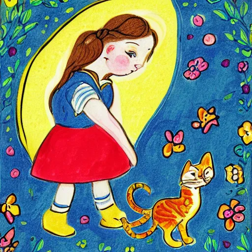 Prompt: illustration of a girl playing with a kitten, inspired by louis wain and glen keane