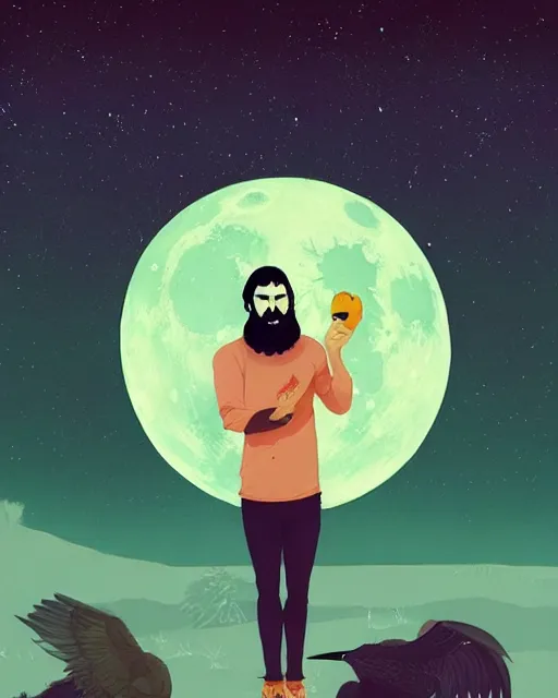 Image similar to portrait of a man with long black hair and beard holding a bird in his hands, full moon in the background, fine portrait, beautiful, concept art, by tomer hanuka, by alex vermeer