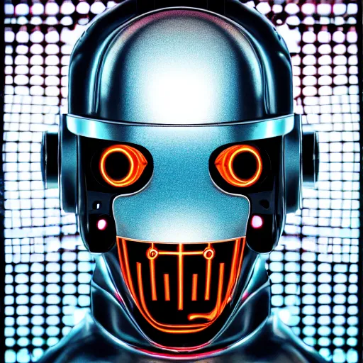 Prompt: hyperdetailed portrait of an atompunk robot head, 8 k, symetrical, flourescent colors, halluzinogenic, black background