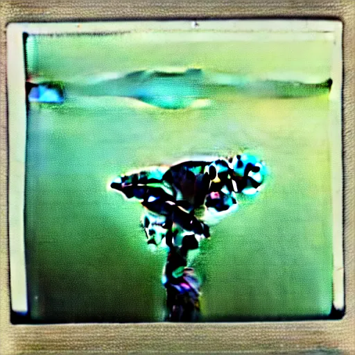 Prompt: semi translucent frog in Jesus Christ pose hovering over misty lake, polaroid photography by Andrei Tarkovsky, spiritual, mystical, mellow