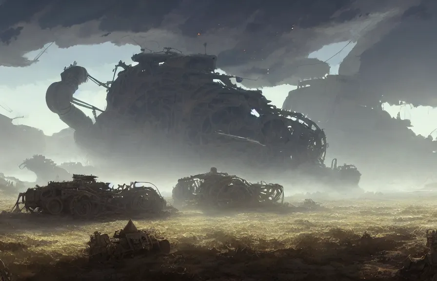 Prompt: concept art of a dusty field with twisted wreckage of dieselpunk orcish tanks and smoking craters in the background, key visual, ambient lighting, highly detailed, digital painting, artstation, concept art, sharp focus, by makoto shinkai and akihiko yoshida and hidari and wlop