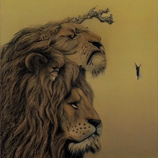 Image similar to metamorph with four faces : man's, lion's, eagle's, bull's. drawn by zdzislaw beksinski