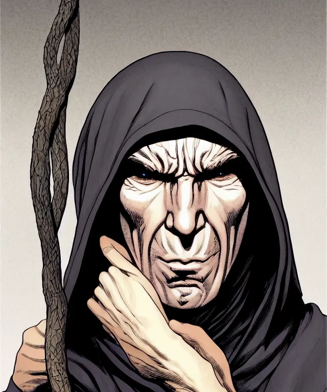 Prompt: a ( fantasy comic ) ( cover art ) portrait of a hooded monk who looks like ( pete postlethwaite ), digital illustration by jenny frison and sana takeda and kentaro miura, fine inking lines, vivid colors, dnd, highly detailed!, hd, 4 k, trending on artstation