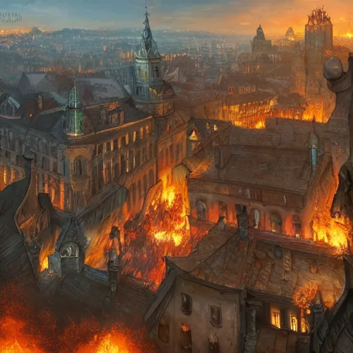 Prompt: lviv downtown in hell, inferno, witches, demons, panorama, highly detailed, full body, digital painting, trending on artstation, concept art, sharp focus, illustration, art by artgerm and greg rutkowski and magali villeneuve