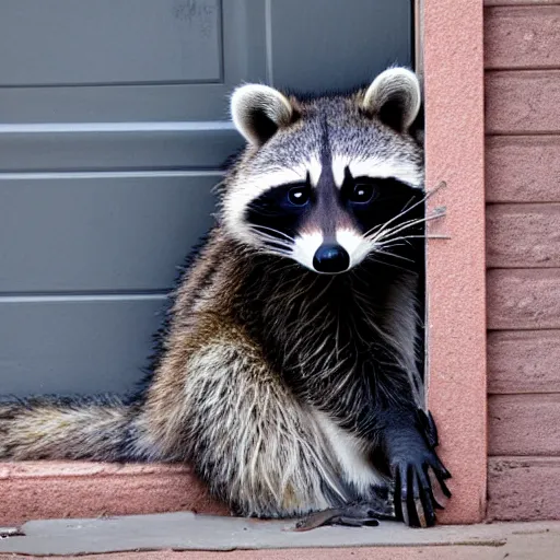 Prompt: Raccoon lounging in a doorway on an icy day in Georgia