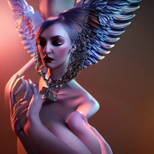 Image similar to fantasy angel with wings inspired avant - garde art, deco fashion, highly detailed, photorealistic portrait, bright studio setting, studio lighting, crisp quality and light reflections, unreal engine 5 quality render