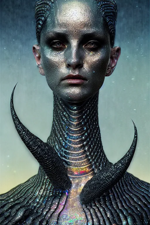 Prompt: pearlescent black lilith! the ancient mother of all monsters!!, covered in iridescent glitter!!, raining ash, fine art masterpiece, highly detailed dino valls wayne barlowe machiej kuciara, dramatic lighting, long shot, side angle, uhd 8 k, sharp focus