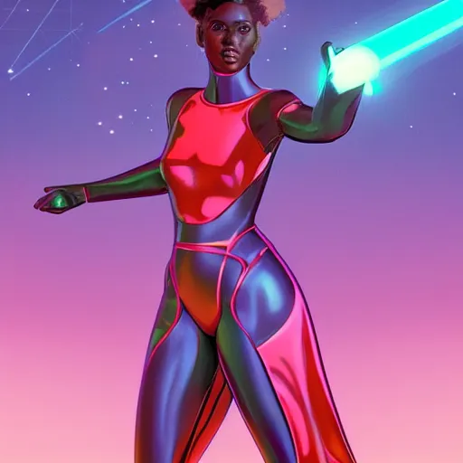 Image similar to 👩🏾🦱🛸, 8 0 s art deco, artstation, moebius + artgerm, hd,