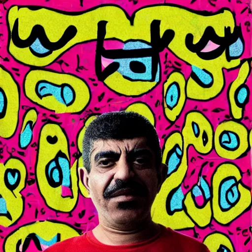 Image similar to omar souleyman in the style of daniel johnston and outsider art, 4k, overlaid with arabic text