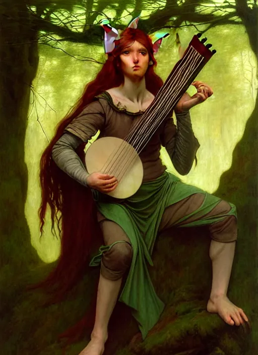 Prompt: forest elf bard playing lute, full body, hyper realistic, extremely detailed, dnd character art portrait, dark fantasy art, intricate fantasy painting, dramatic lighting, vivid colors, deviantart, artstation, by edgar maxence and caravaggio and michael whelan and delacroix.