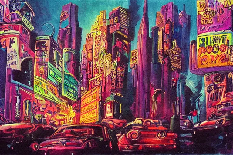 Prompt: surreal colorful nightmarish cityscape, artwork by Ralph Bakshi