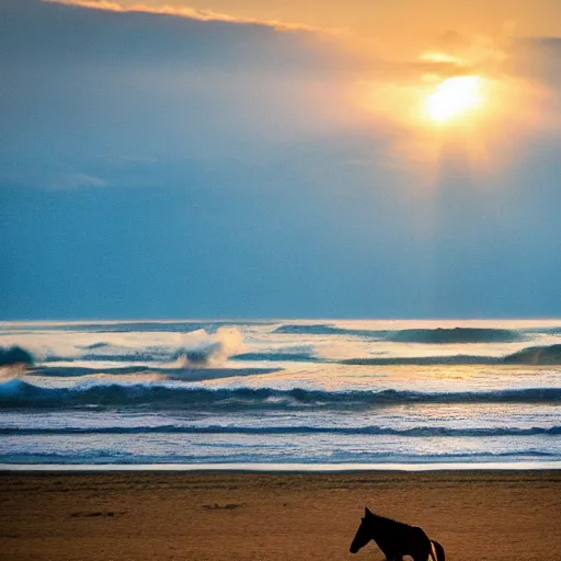 Image similar to a horse running in front of a sea, wievein its mane, on the beach, the sun is blowing up, smoke everywhere