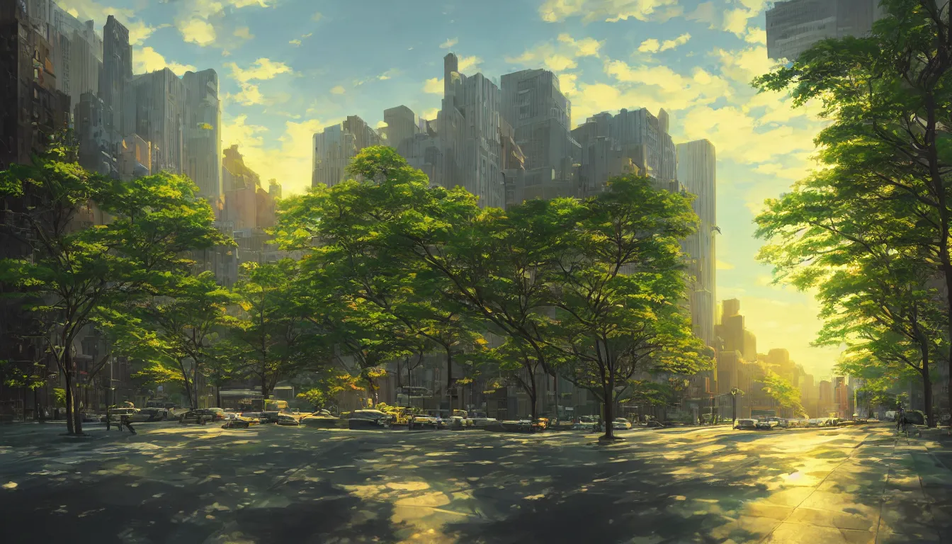 Prompt: dream fantasy new york city, more greens, lanscape, modern, sunset, dusk, perspective, street view, art by makoto shinkai