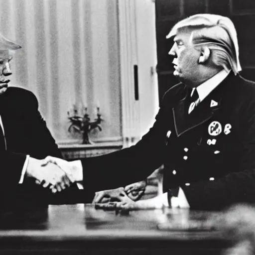 Prompt: Adolf Hitler shaking hands with Donald Trump in the oval office, press-photo, smiling, detailed