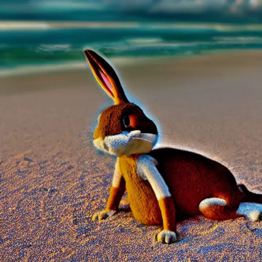 Prompt: Photo of Bugs Bunny laying on the beach, photography, HDR