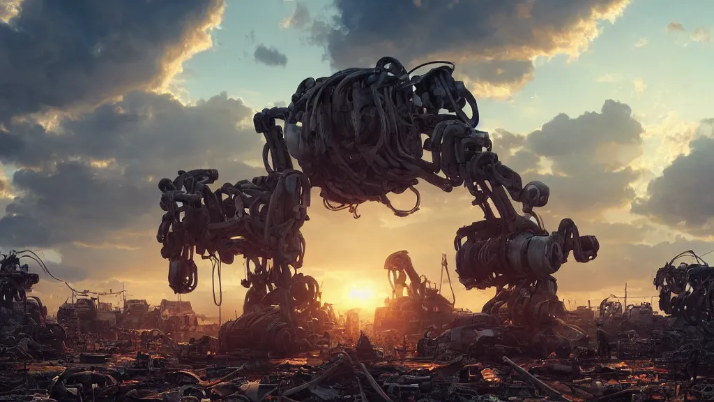 Image similar to a Photorealistic hyperrealistic render of a Robot Junkyard full of weathered and well worn down Robots by PIXAR,Greg Rutkowski,WLOP,Artgerm,dramatic moody sunset lighting,long shadows,Volumetric, cinematic atmosphere, Octane Render,Artstation,8k