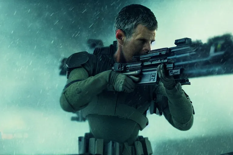 Image similar to vfx film closeup, blade runner 2 0 4 9 futuristic soldiers shoot at enemy robots futuristic war, battlefield war zone, shootout, running, shooting, explosion, battlefront, leaping, flat color profile low - key lighting award winning photography arri alexa cinematography, big crowd, hyper real photorealistic cinematic beautiful, atmospheric cool colorgrade