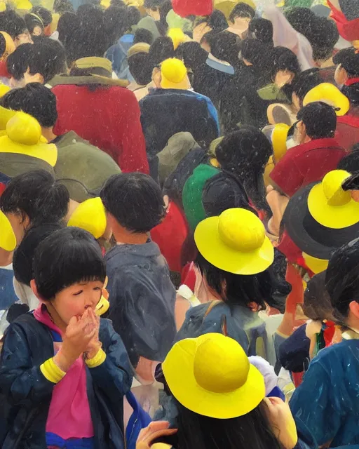 Image similar to a large crowd of plump screaming japanese pre-schoolers in yellow hats, faces wet with tears, slicktears flowing and fling, hyperrealistic oil painting, art in the style of ac-bu