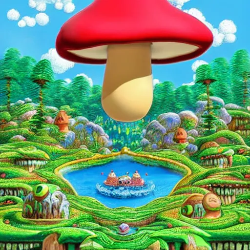 Prompt: mario looks at a stunning fairy landscape with the mushroom kingdom from super mario bros in the middle of the forest, ornate, intricate, in the style of miyazaki, studio ghibli, hyper detailed