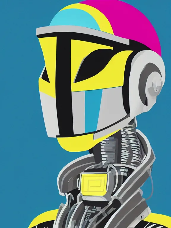 Prompt: melted robot daft punk robot helmet cyan magenta yellow