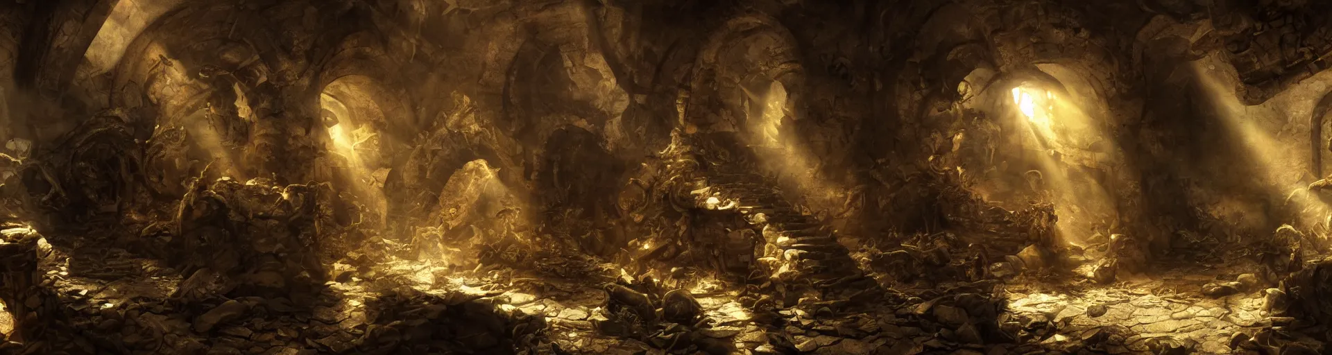 Image similar to A Dragon guards a horde of treasure in it's lair, shafts of sunlight appear from parts of the ruined interior. Chiaroscuro style painting. 4K.