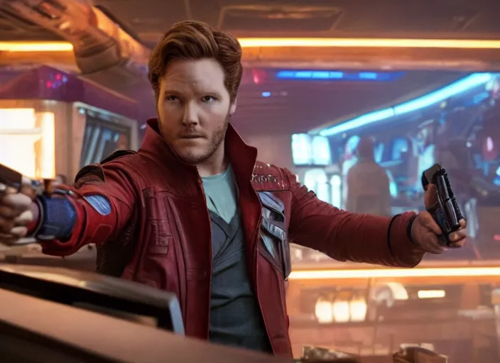 Image similar to film still of Star Lord working at McDonald's in the new Guardians of the Galaxy movie, 4k