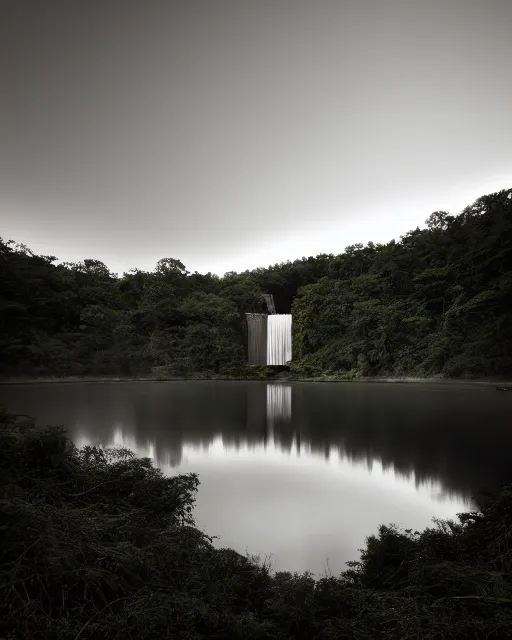 Image similar to a magical dam in the middle of a lush forest at night, minimalist design, architectural photography, dark and dim lighting, beautiful, tranquil, moody, cinematic, fantasy, 3 5 mm lens, volumetric lighting, first person view, photographic render, hyper realistic