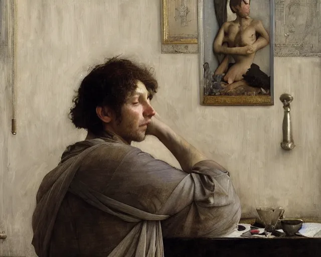 Prompt: an exhausted painter in his dimly lit studio by edgar maxence and caravaggio and michael whelan, intricate painting, hyper realistic, extremely detailed and beautiful aesthetic face, 8 k resolution