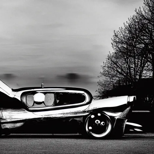 Prompt: an oldie car with wings and turbine, cyber punk, black-white retro photo