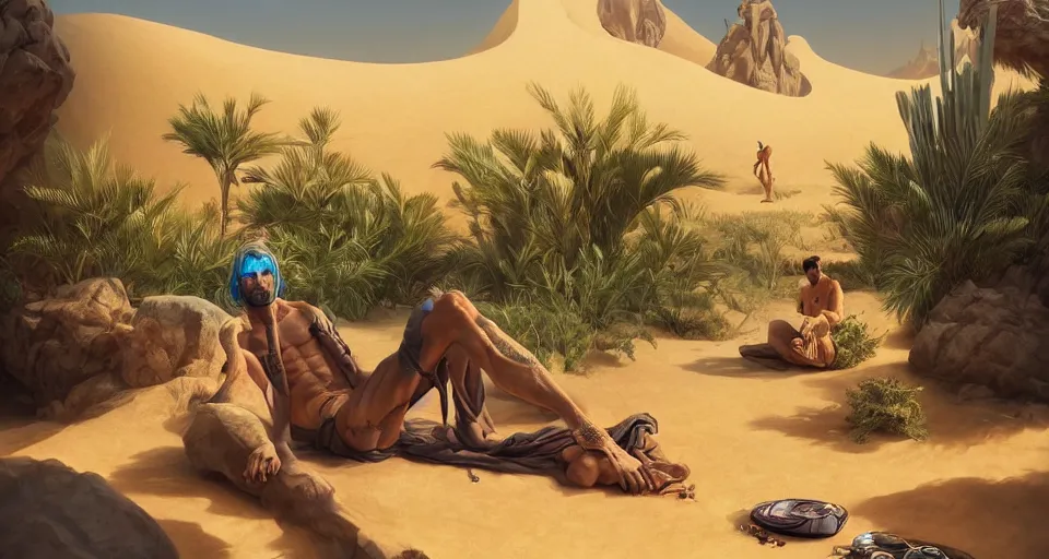 Image similar to a male desert vagabond lounging next to an oasis!!!! surrounded by sand dunes, by wlop and peter mohrbacher, extremely detailed shading, concept art, digital painting, trending on artstation, unreal engine 5, octane render, atmosphere, glow, cinematic lighting, full of color