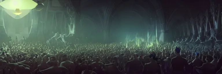 Image similar to a crowd of worshipers praying to a portal to hell, by Antoine Collignon, luminous lighting, cinematic, panoramic, aspect ratio 1:3