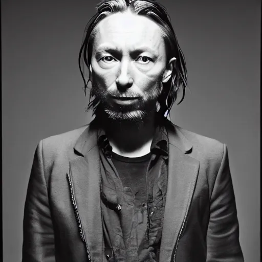 Image similar to Thom Yorke, Thom Yorke, Thom Yorke, with a beard and a black jacket, a portrait by John E. Berninger, dribble, neo-expressionism, uhd image, studio portrait, 1990s