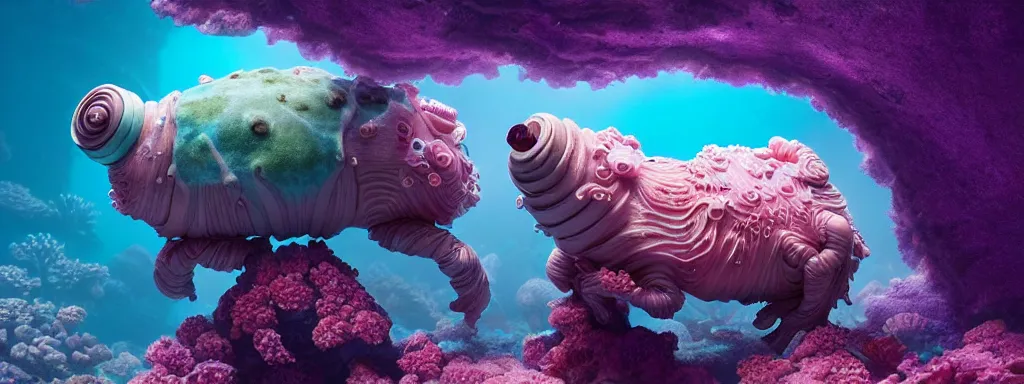 Prompt: a tardigrade in a coral reef by charlie bowater and anna dittmann and artgerm and clemens ascher, intricate, elegant, pink and blue and green mist, highly detailed, dramatic lighting, sharp focus, octane render, trending on artstation, artstationhd, artstationhq, unreal engine, 4 k, 8 k