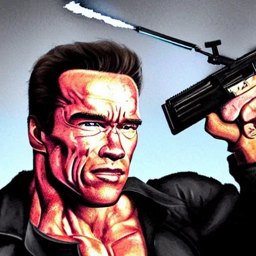 Image similar to Arnold Schwarzenegger, The Terminator model 101 stands tall in club \'Tech Noir\' pointing an UZI 9mm sub machine gun at his targets forehead, The red laser sights can be seen through the dry ice. detailed, digital painting, artstation, concept art, smooth, sharp focus, illustration, art by artgerm and greg rutkowski and alphonse mucha