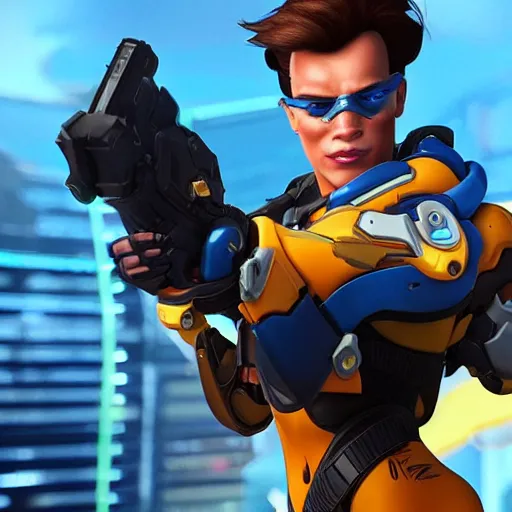 Image similar to a screenshot of arnold schwarzenegger as tracer in overwatch