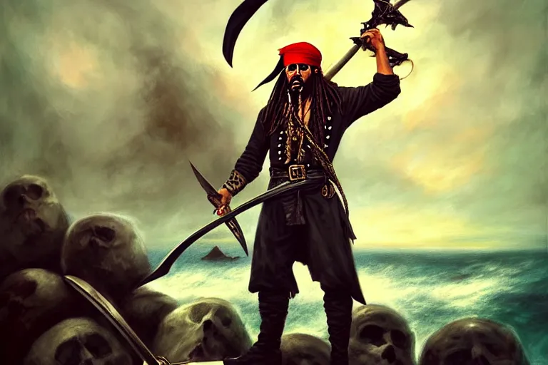 Prompt: an epic hyperrealistic fullbody portrait of a pirate captain in masculine pose standing on a pile of skulls and pointing his sword to the horizone over the sea. by boris valejho in style of waldemar von kozak. trending on artstation. deviantart. darkfantasy pirate portrait illustration.