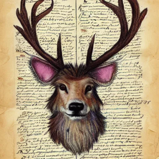 Image similar to professional vintage, detailed, colored sketch of a fuzzy creature with antlers, full descriptions, on parchment, 8K, HD