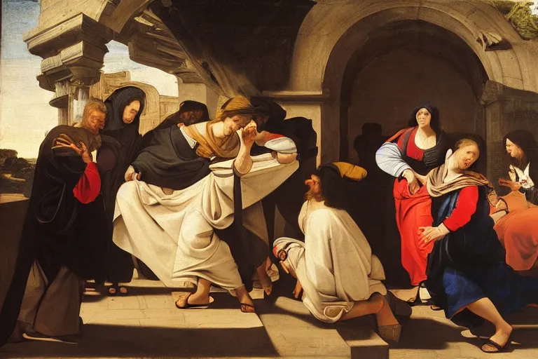 Image similar to 3 women at the tomb of jesus, caravaggio, rubens, pieter de hooch, ary scheffer