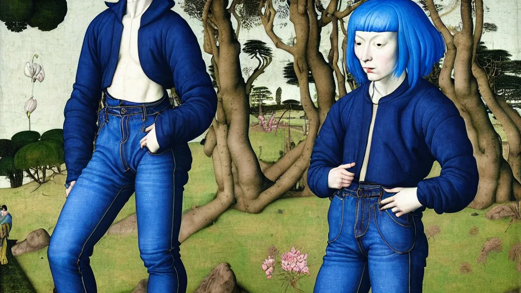 Prompt: portrait of a androgynous woman with blue hair, wearing a jeans jackets, a high collar t - shirt and baggy jeans, in the style of rogier van der weyden and jacopo da pontormo, standing in a botanical garden, bjork aesthetic, masterpiece, cyberpunk, asian art