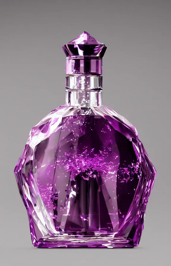 Prompt: close up shot of premium perfume bottle containing purple liquid placed on a black table, ultra detail, commercial, designer product, cinematic lighting, hd artstation, symmetrical, rendered, 4k