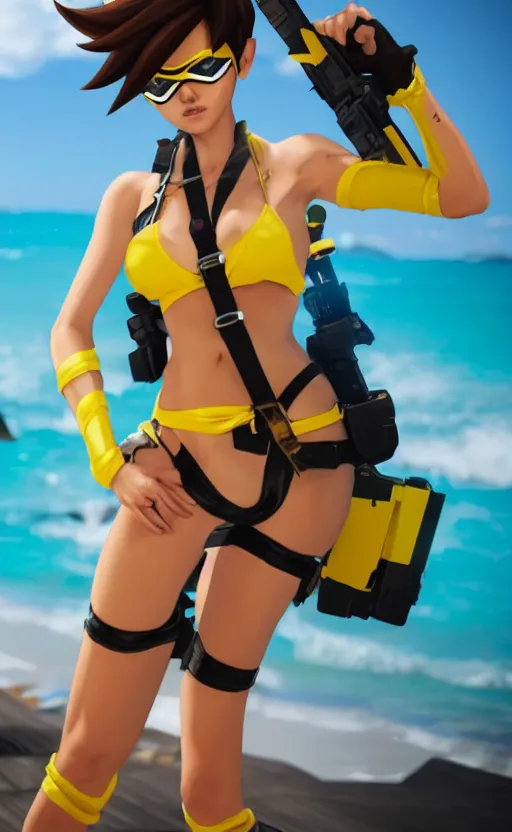 prompthunt: tracer game character, in yellow bikini, blonde hair