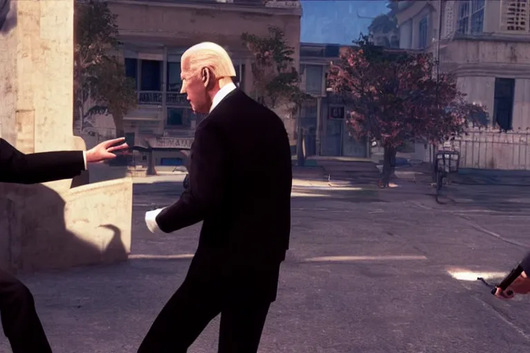 Prompt: screenshot of joe biden performing an assassination on barney in hitman 3