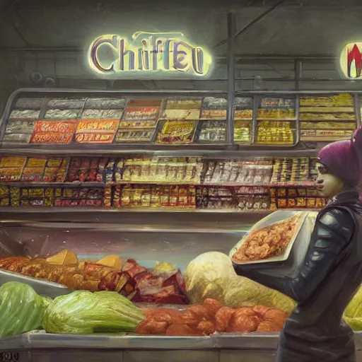 Image similar to digital painting of a super market deli shopping elegant but deadly chicogriff, griffin chicogriff hybrid monster, by Greg Rutkowski, magic the gathering concept art, trending on artstation, 4k resolution, ((in a super market Costco))