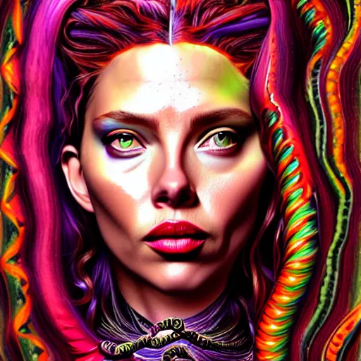 Image similar to an extremely psychedelic portrait of medusa as scarlett johanson, surreal, lsd, face, detailed, intricate, elegant, lithe, highly detailed, digital painting, artstation, concept art, smooth, sharp focus, illustration