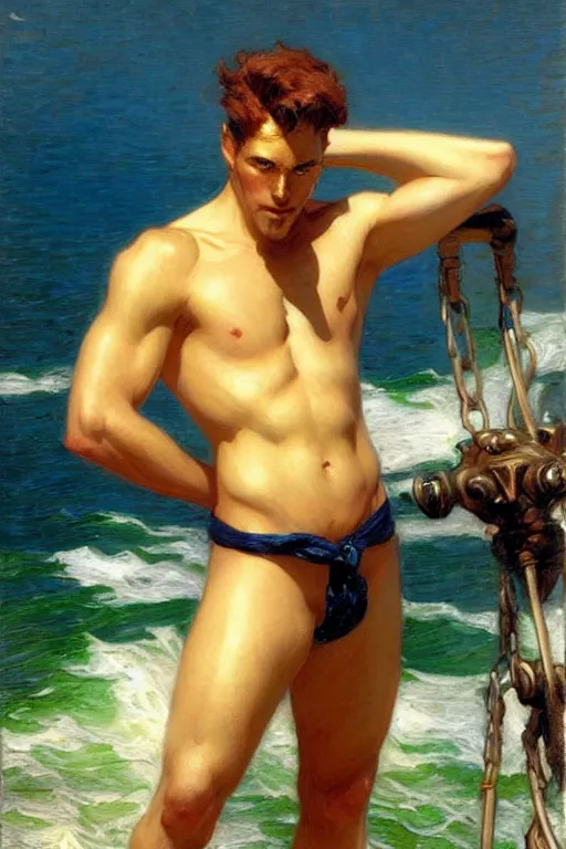 Prompt: attractive sailor, male, painting by gaston bussiere, craig mullins, j. c. leyendecker, yoji shinkawa, tom of finland